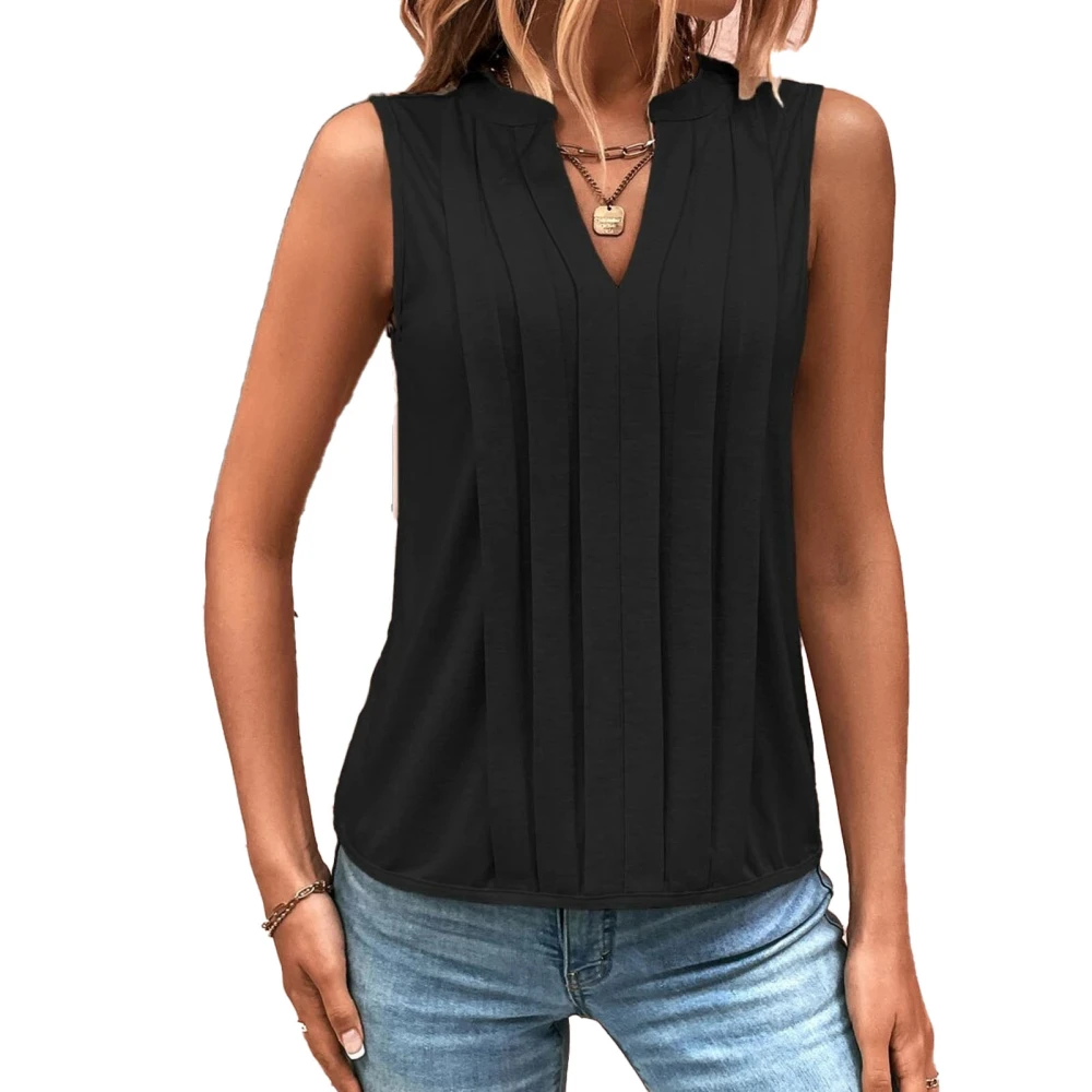 Pleated Sleeveless Blouse Plain Color Elegant V Neckline Pleated Sleeveless Blouse for Women Black XXL