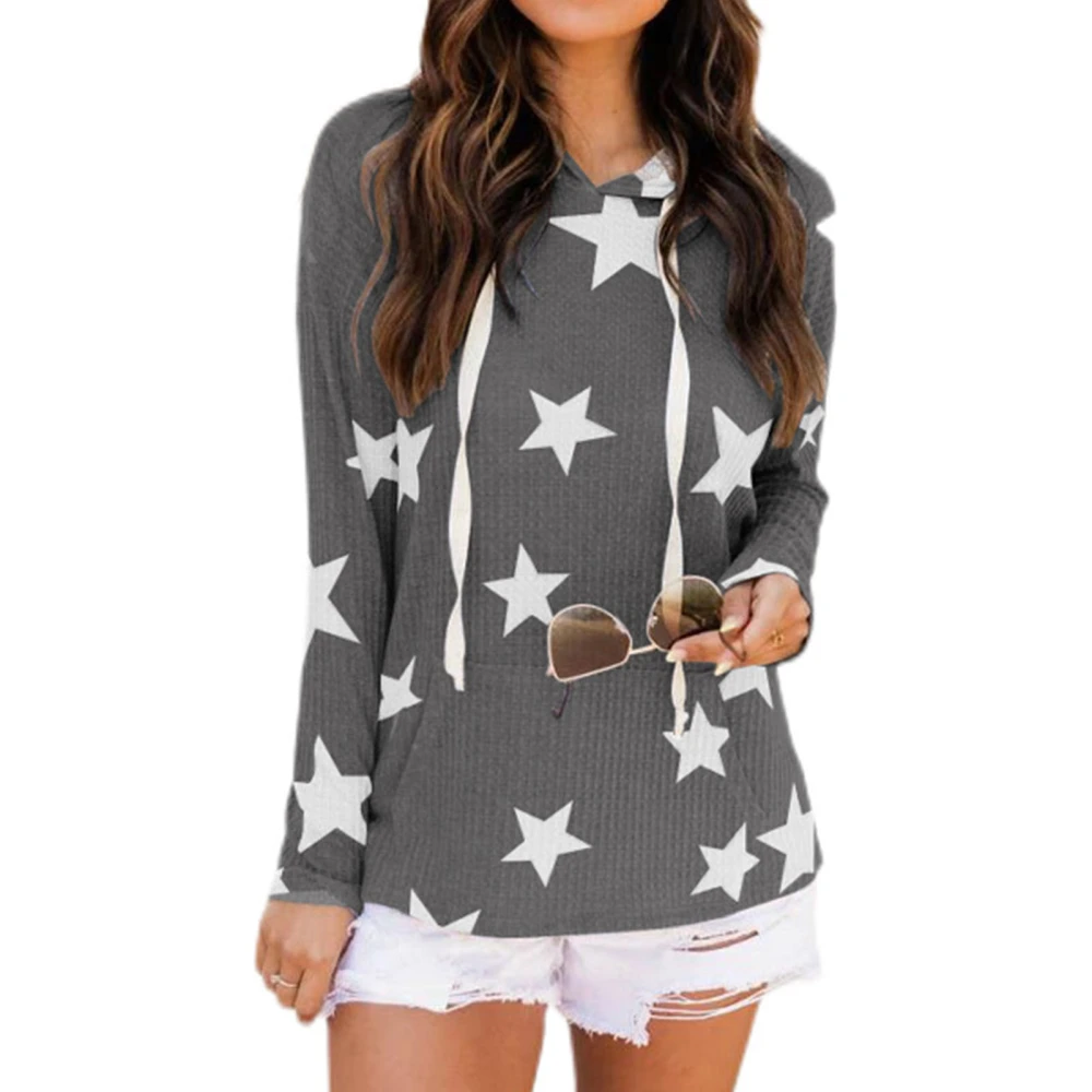 Women Star Print Hooded Sweatshirt Drawstring Long Sleeve Loose Fit Pullover Hoodie Grey L