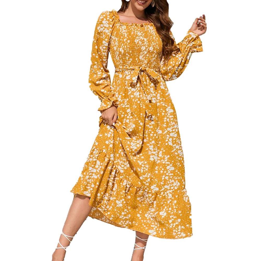 Women Long Sleeve Maxi Dress Ruffle Hem Tie Waist Frill Trim Floral Printed Shirred Flowy Midi Dress Yellow S