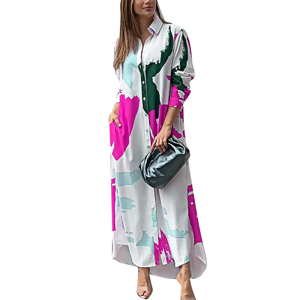 Women Shirt Dress Single Turn Down Collar Breasted Long Sleeves Loose Fitting Casual Long Dress White with Rose Red S