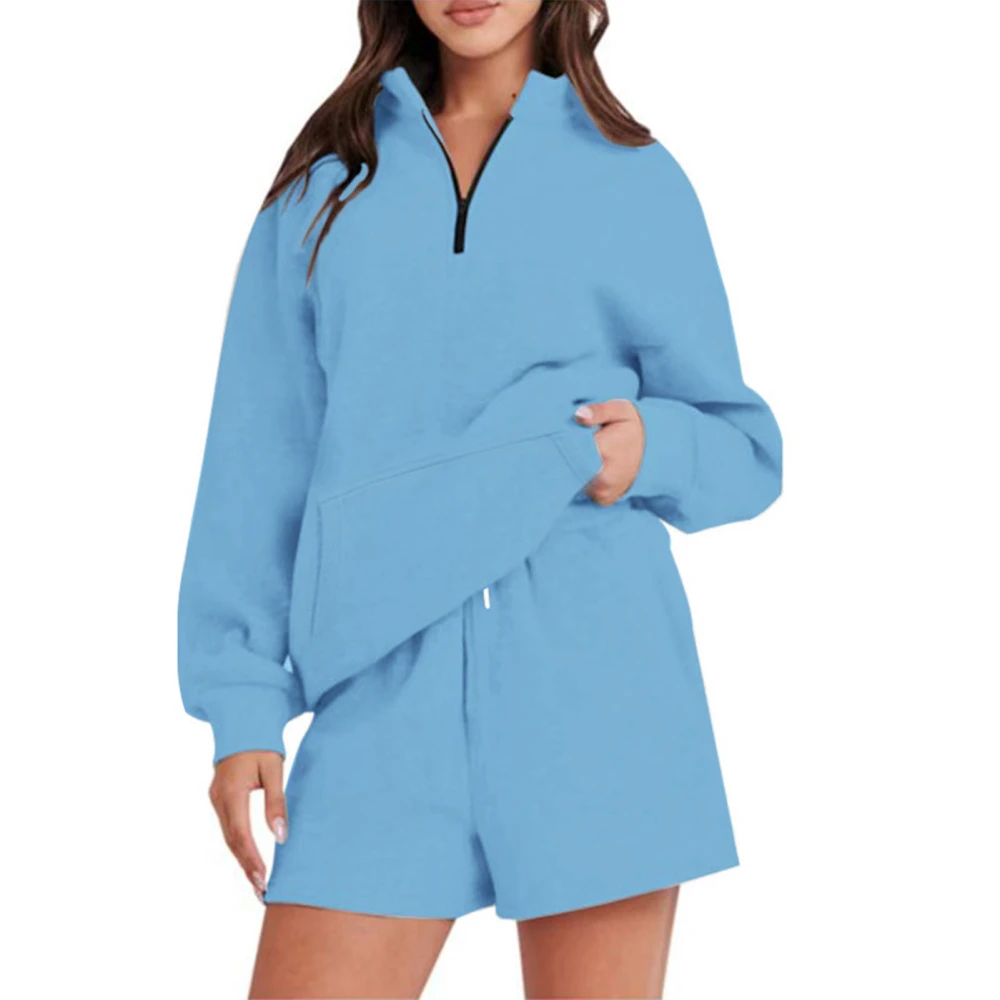 Women Casual Sweatshirt Set 2 Piece Outfits Pure Color Pockets Shorts Sweatsuit V Neck Long Sleeve Shorts Pants Set Light Blue XXL