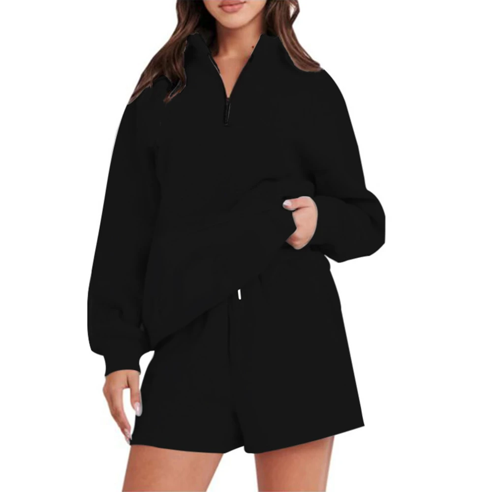 Women Casual Sweatshirt Set 2 Piece Outfits Pure Color Pockets Shorts Sweatsuit V Neck Long Sleeve Shorts Pants Set Black L