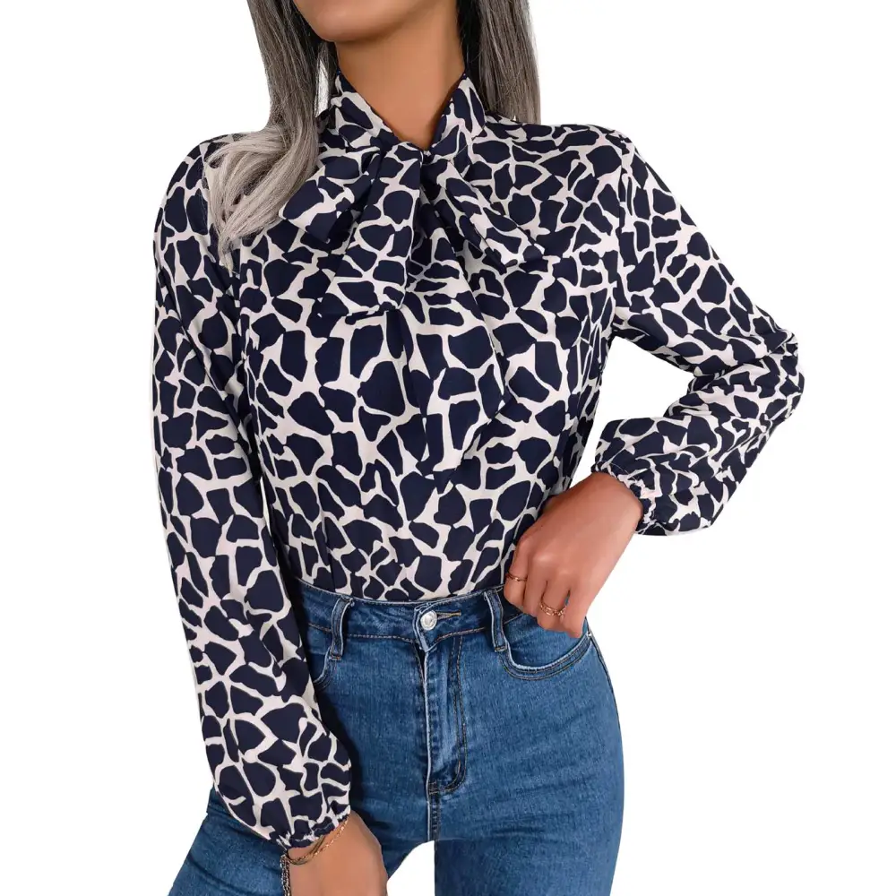 Women Bow Neck Tops Temperament Fashion Long Sleeve Contrast Color Tops Blouse for Work Navy Blue M