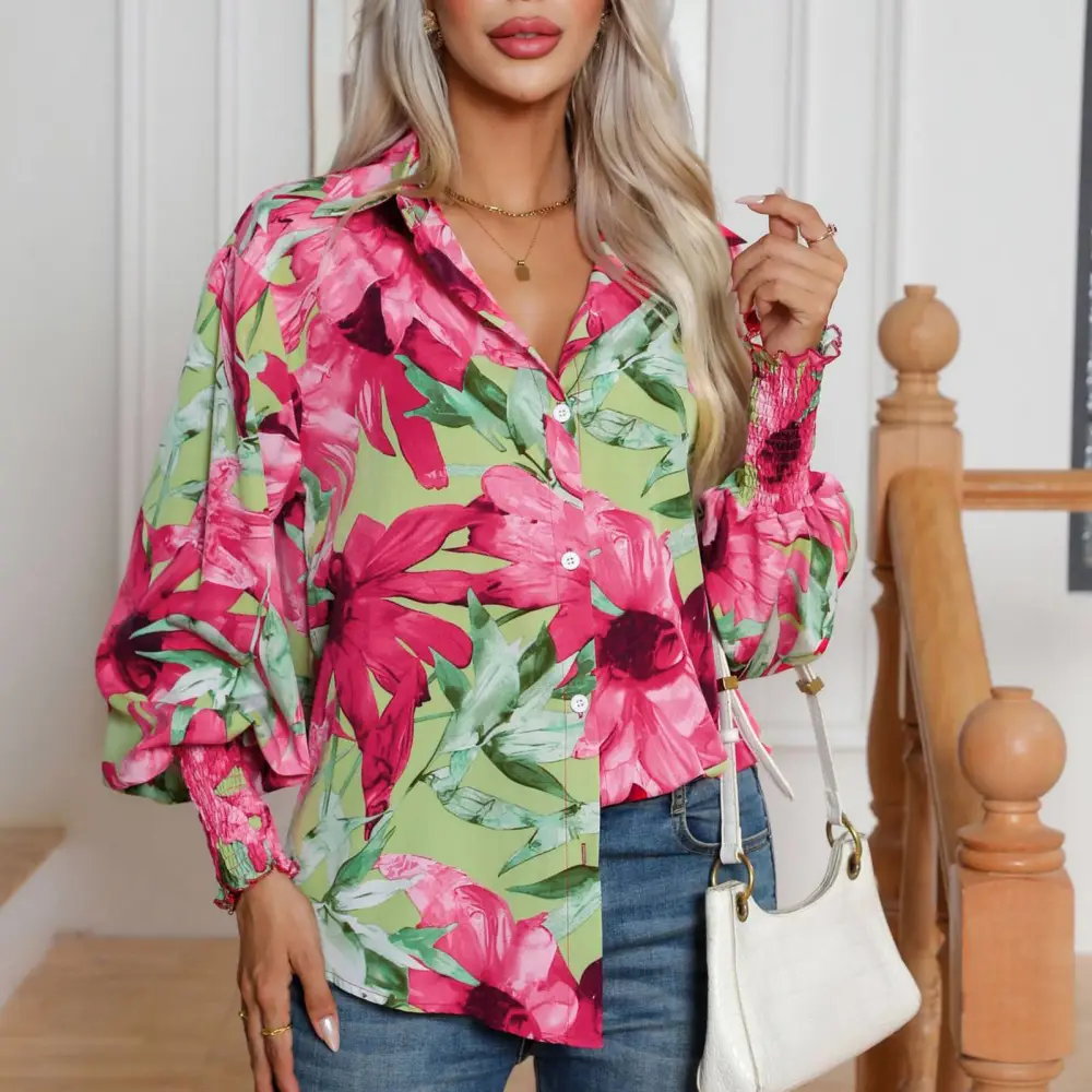 Women Fashion Flower Print Shirt Button Up Lantern Sleeves Printed Blouse Cuff Shirred Turn Down Collar Long Sleeve Top Red Flower L