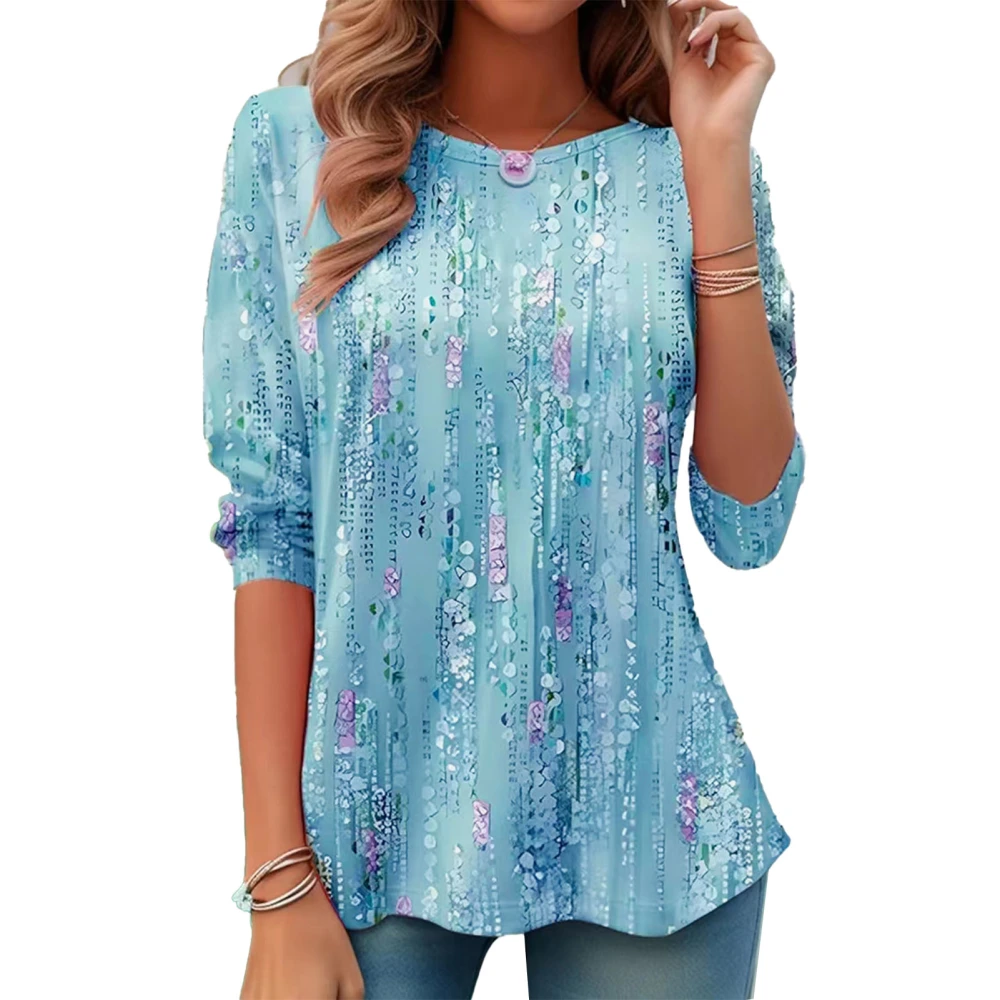 Women Print T Shirt Ruffle Hem Loose Fitting Casual Round Neck Blouse for Daily Wear Light Blue M