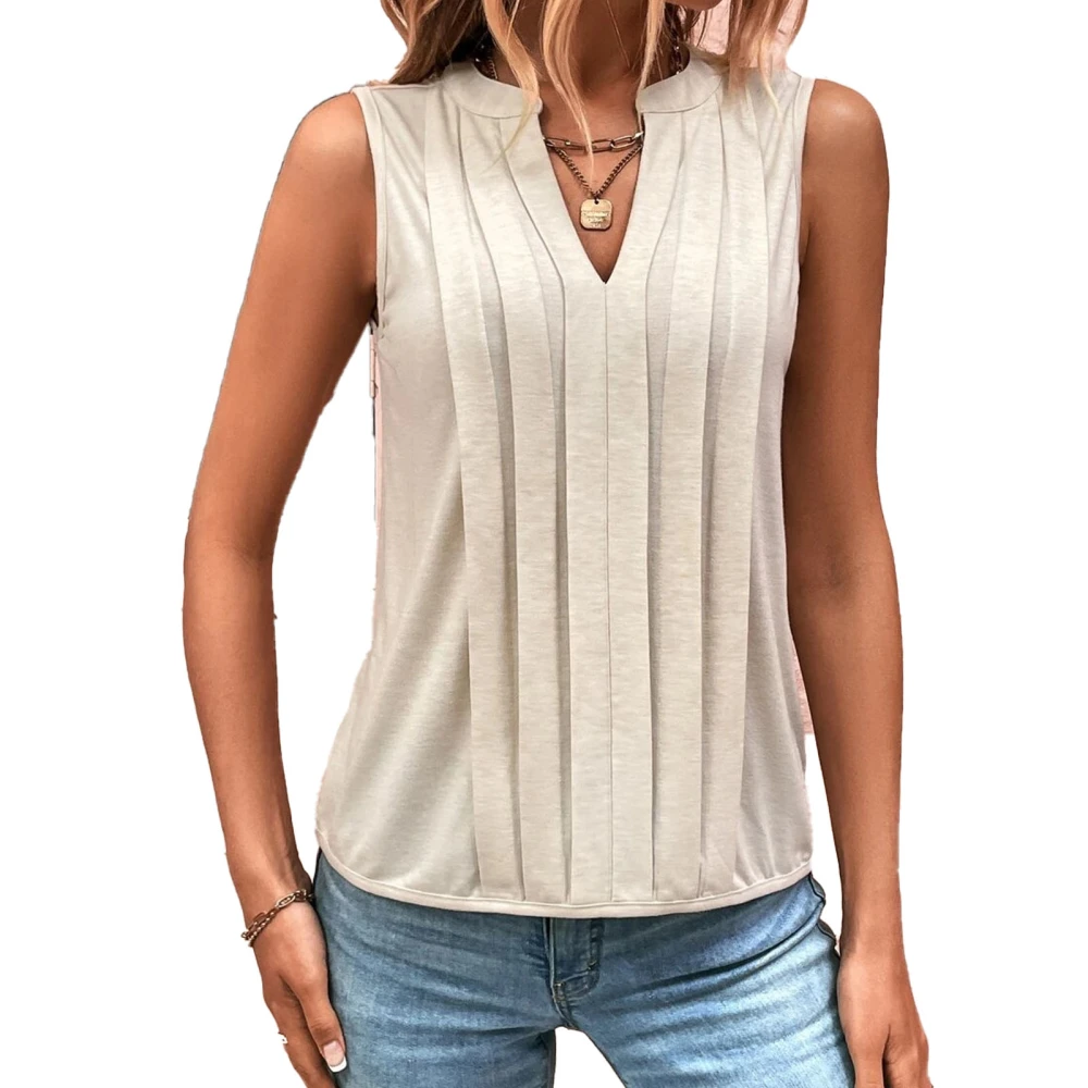 Pleated Sleeveless Blouse Plain Color Elegant V Neckline Pleated Sleeveless Blouse for Women Apricot M