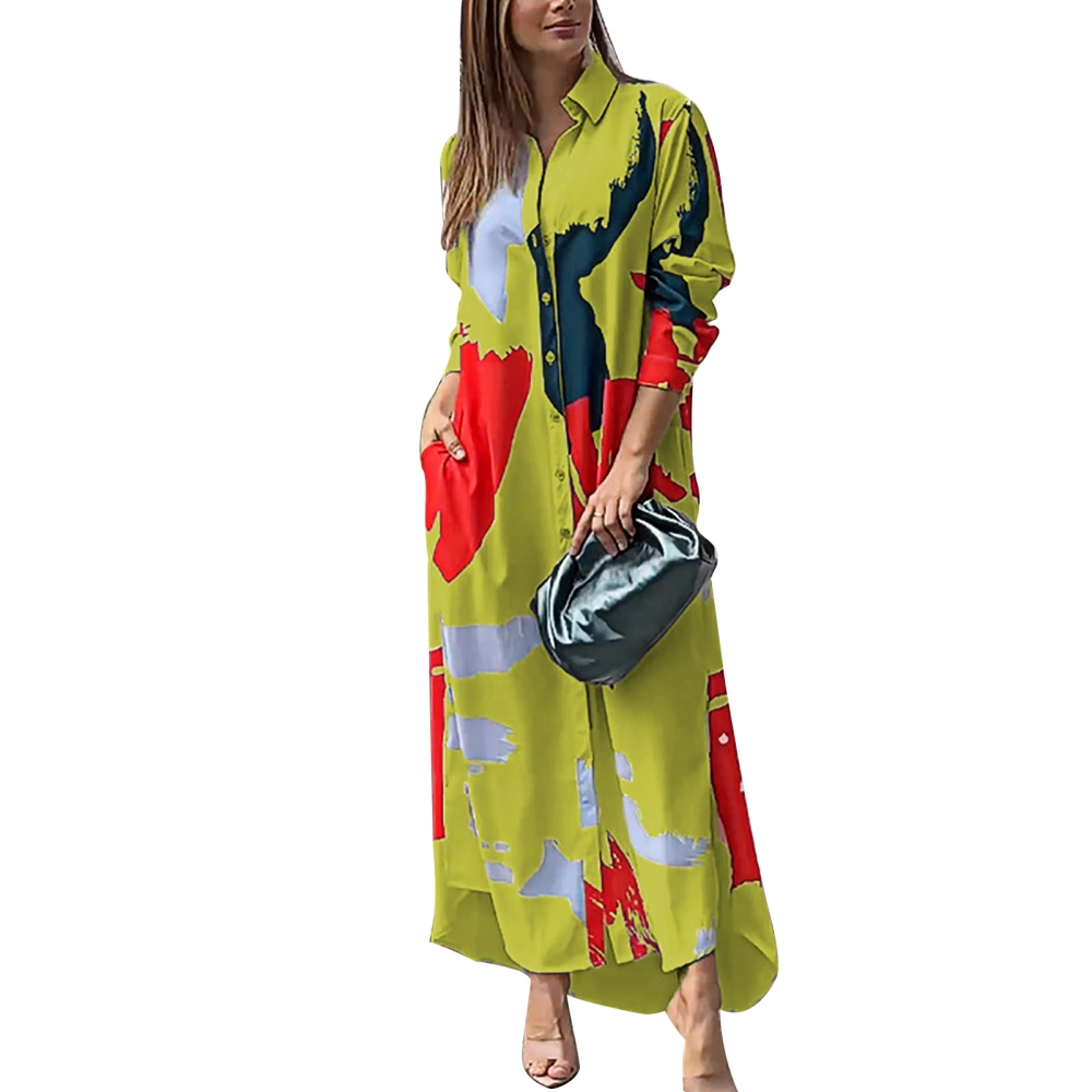 Women Shirt Dress Single Turn Down Collar Breasted Long Sleeves Loose Fitting Casual Long Dress Yellow with Red M