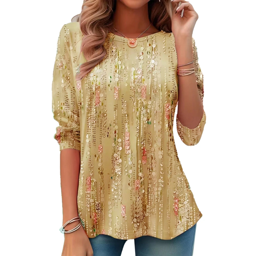 Women Print T Shirt Ruffle Hem Loose Fitting Casual Round Neck Blouse for Daily Wear Yellow XXL