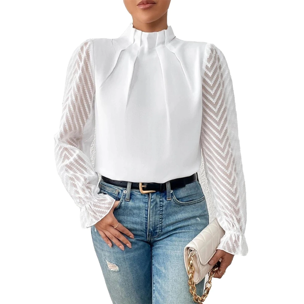 Women Half High Neck Blouse Striped Pleated Plain Color Elegant Casual Pullover Shirt White XL