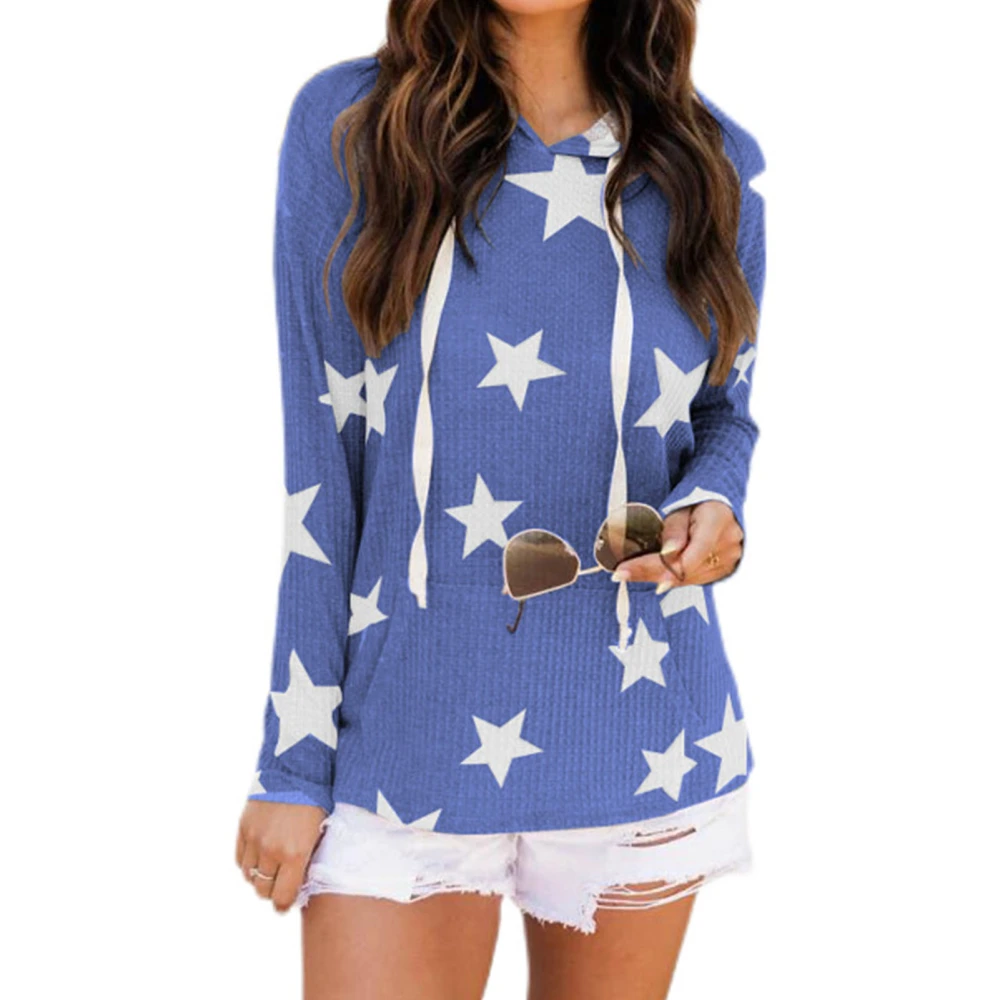 Women Star Print Hooded Sweatshirt Drawstring Long Sleeve Loose Fit Pullover Hoodie Blue M