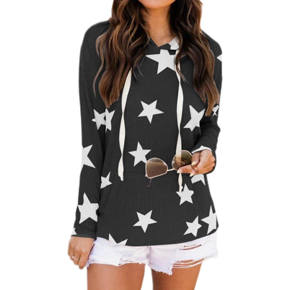 Women Star Print Hooded Sweatshirt Drawstring Long Sleeve Loose Fit Pullover Hoodie Black XXL