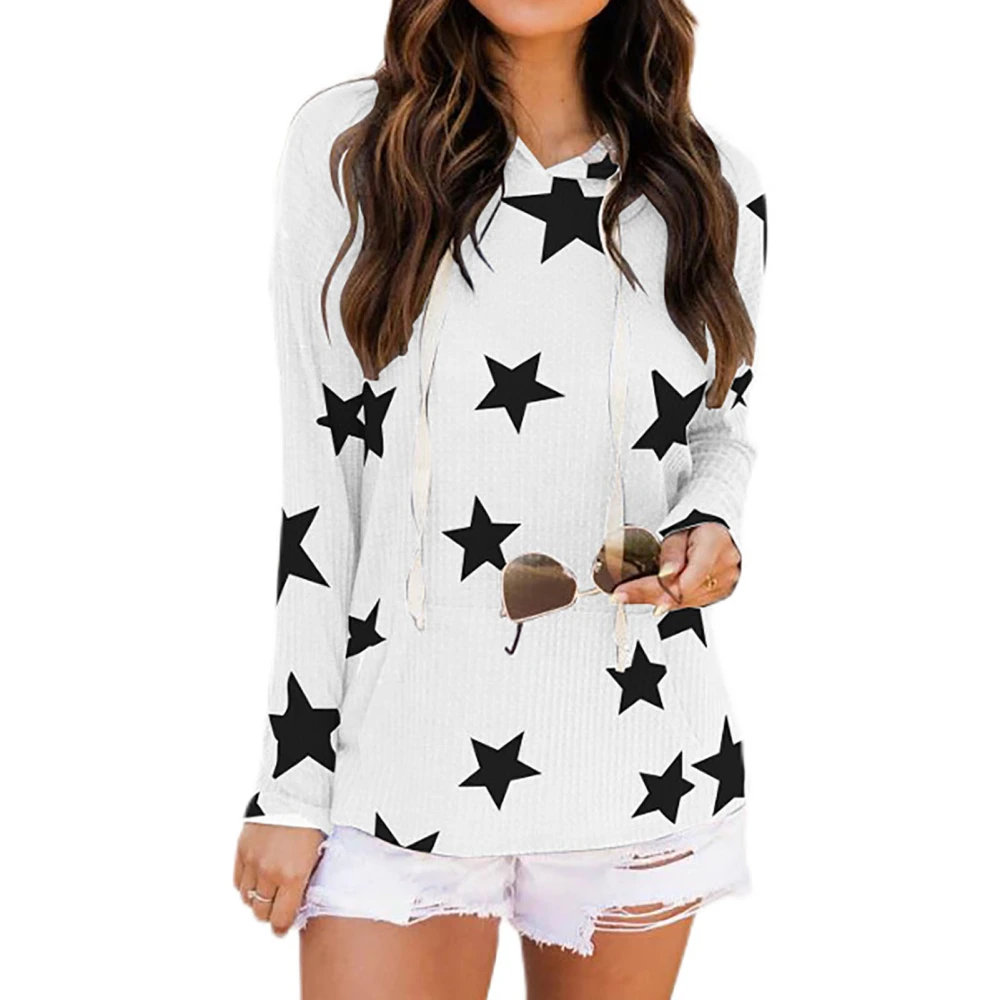 Women Star Print Hooded Sweatshirt Drawstring Long Sleeve Loose Fit Pullover Hoodie White L