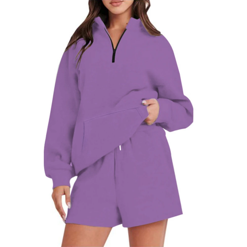 Women Casual Sweatshirt Set 2 Piece Outfits Pure Color Pockets Shorts Sweatsuit V Neck Long Sleeve Shorts Pants Set Purple XXL