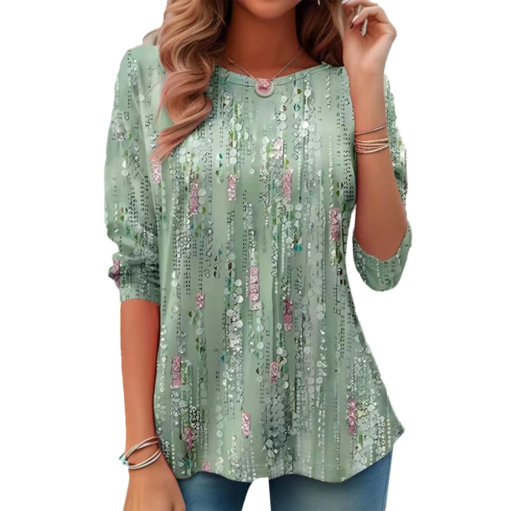 Women Print T Shirt Ruffle Hem Loose Fitting Casual Round Neck Blouse for Daily Wear Light Green XXL