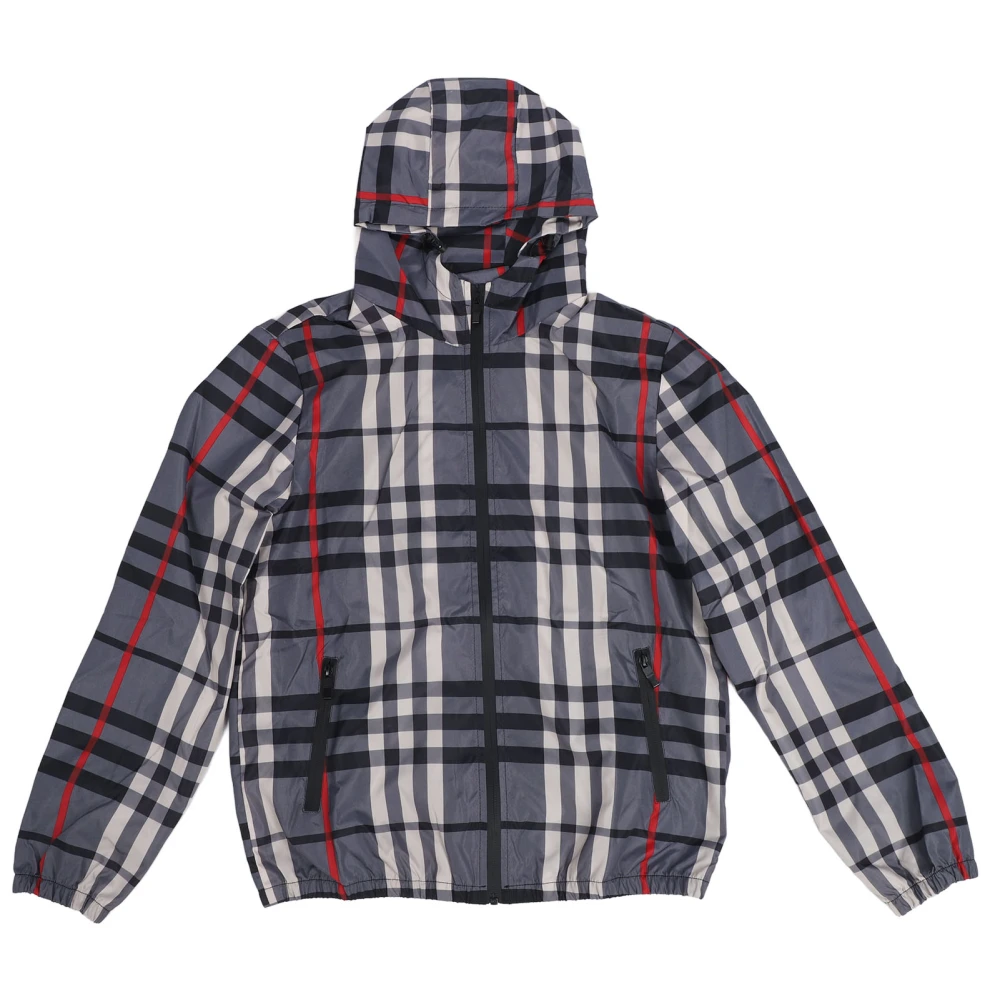 Men Plaid Hooded Jacket Zipper Closure Keep Warm Casual Long Sleeves Fleece Coat for Cold Days Grey L