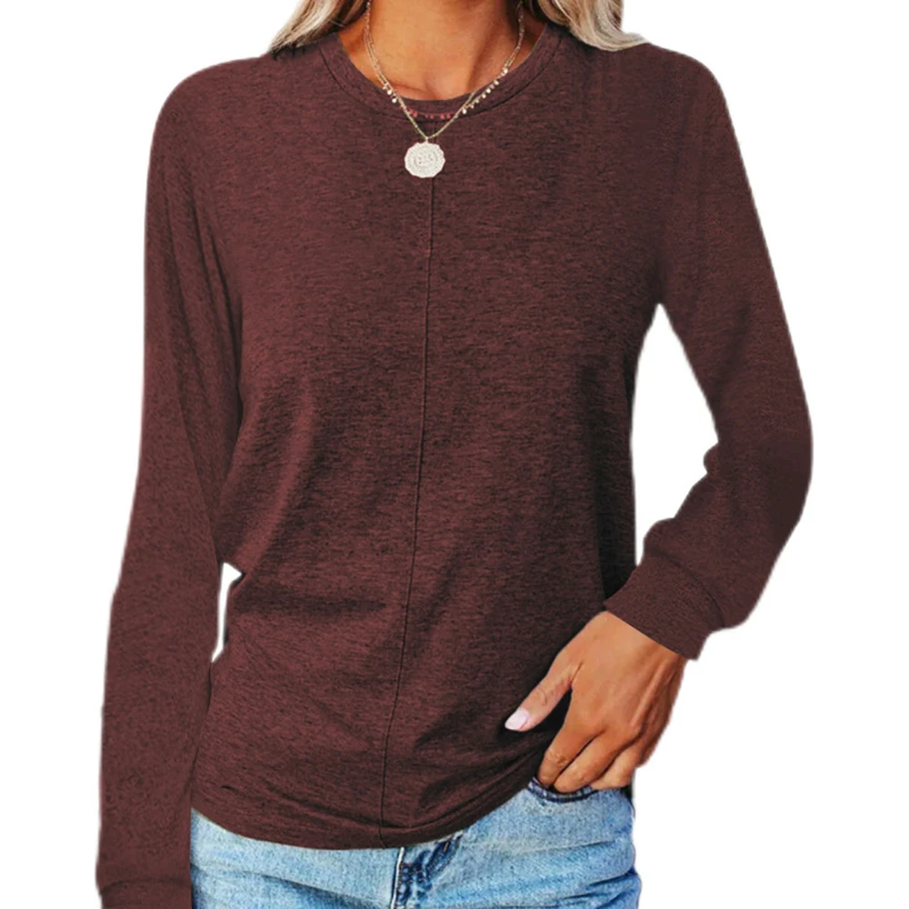 Women Long Sleeve Crewneck Top Comfortable Casual Warm Basic Tops Shirts for Fall Winter Wine Red L