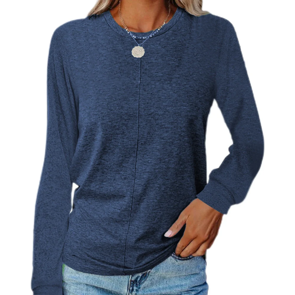 Women Long Sleeve Crewneck Top Comfortable Casual Warm Basic Tops Shirts for Fall Winter Navy Blue S