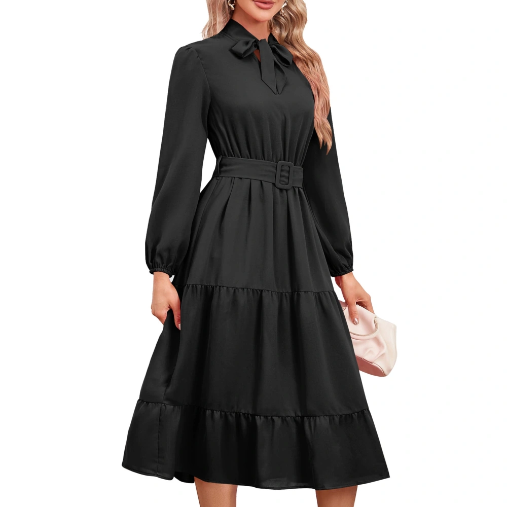 Bow Tie Crew Neck Maxi Dress Solid Color High Waist Puff Ruffle Flowy Long Dresses Wedding Guest Party Dresses Black L