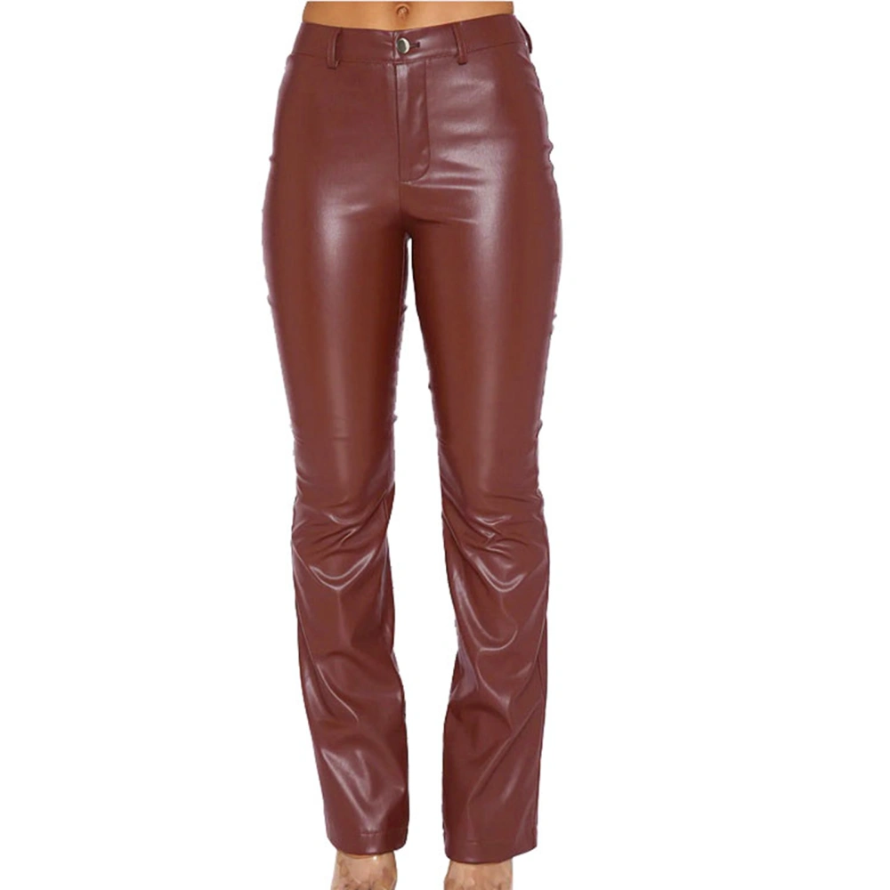 Women High Elastic PU Leather Pants Straight Leg PU Leather Leggings Stretch Slim Fit Fashionable Long Pants Dark Brown M