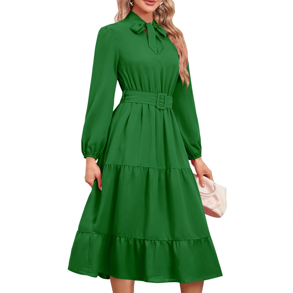 Bow Tie Crew Neck Maxi Dress Solid Color High Waist Puff Ruffle Flowy Long Dresses Wedding Guest Party Dresses Green L