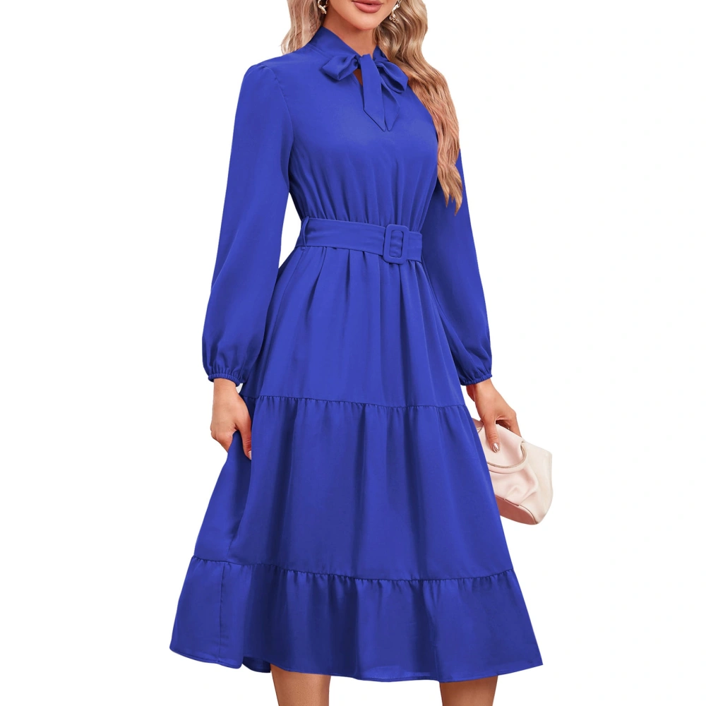 Bow Tie Crew Neck Maxi Dress Solid Color High Waist Puff Ruffle Flowy Long Dresses Wedding Guest Party Dresses Blue XL