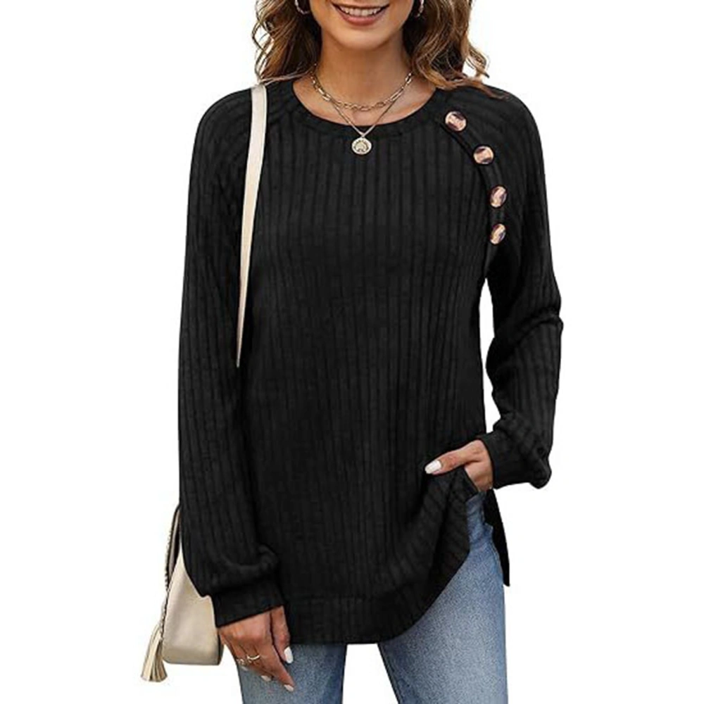 Women Shirt Solid Color Round Neck Button Decoration Jacket Fashion Style Long Sleeve Bottoming Shirt Blouse for Party Dating Black M