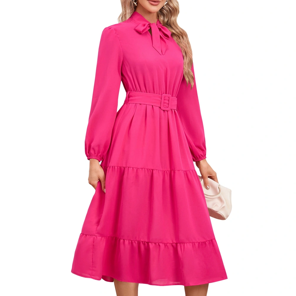 Bow Tie Crew Neck Maxi Dress Solid Color High Waist Puff Ruffle Flowy Long Dresses Wedding Guest Party Dresses Rose Red XXL