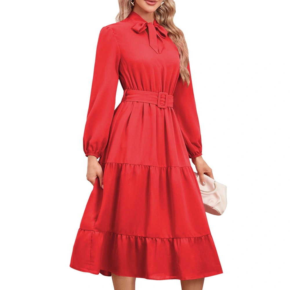 Bow Tie Crew Neck Maxi Dress Solid Color High Waist Puff Ruffle Flowy Long Dresses Wedding Guest Party Dresses Red S