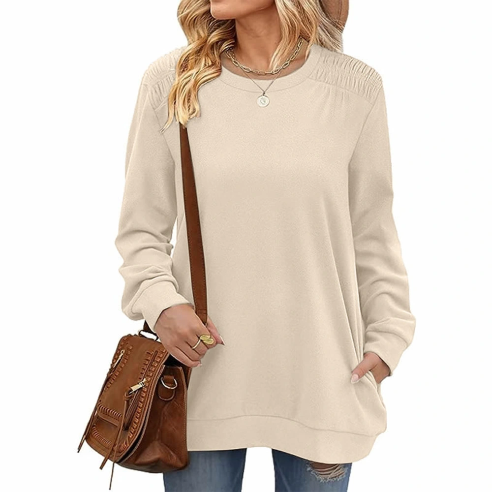 Women Round Neck T Shirt Pleated Shoulder Trim Casual Long Sleeves Blouses for Autumn Apricot M