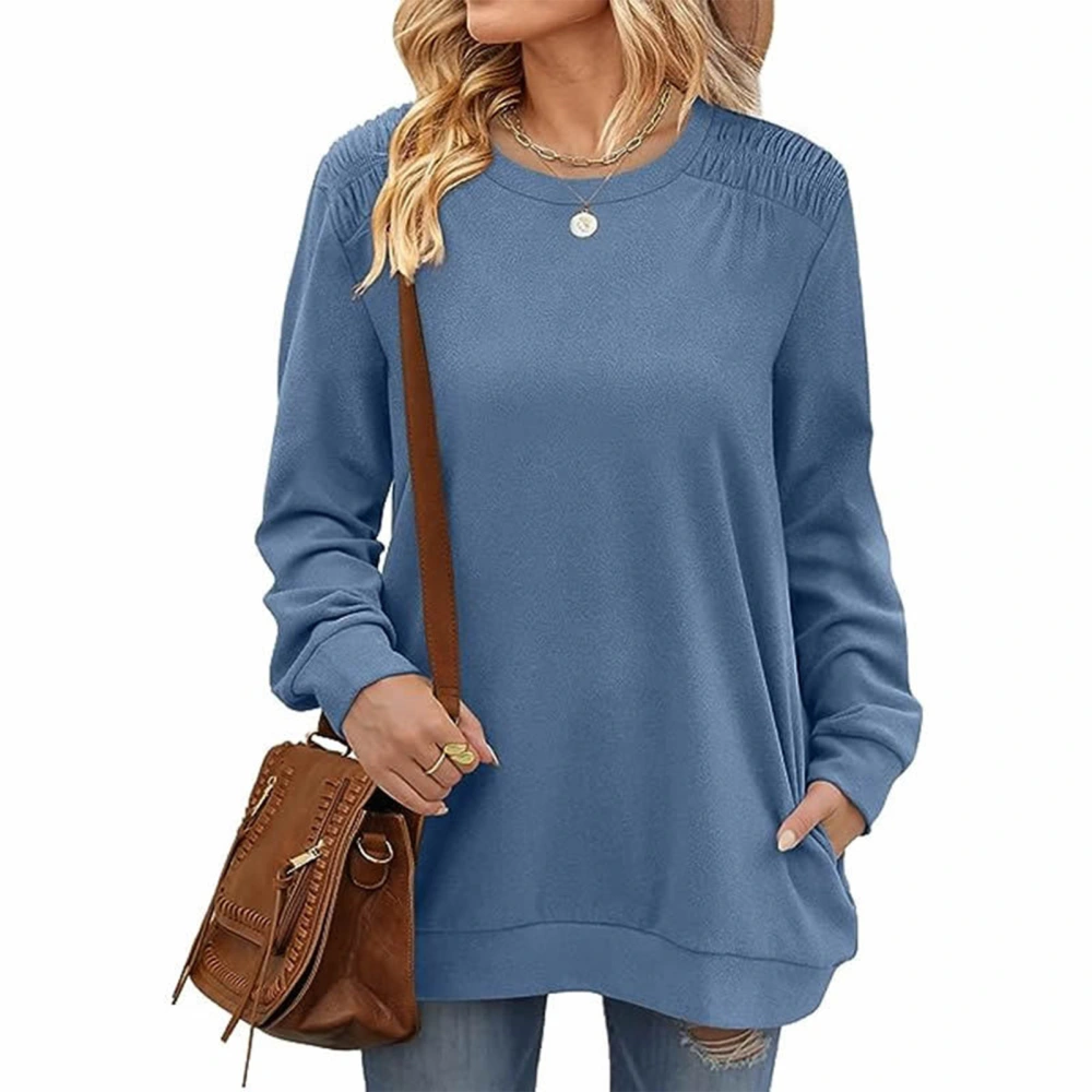 Women Round Neck T Shirt Pleated Shoulder Trim Casual Long Sleeves Blouses for Autumn Blue XXL