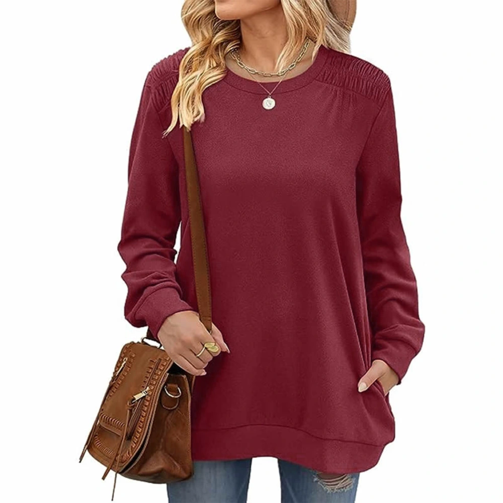 Women Round Neck T Shirt Pleated Shoulder Trim Casual Long Sleeves Blouses for Autumn Wine Red S