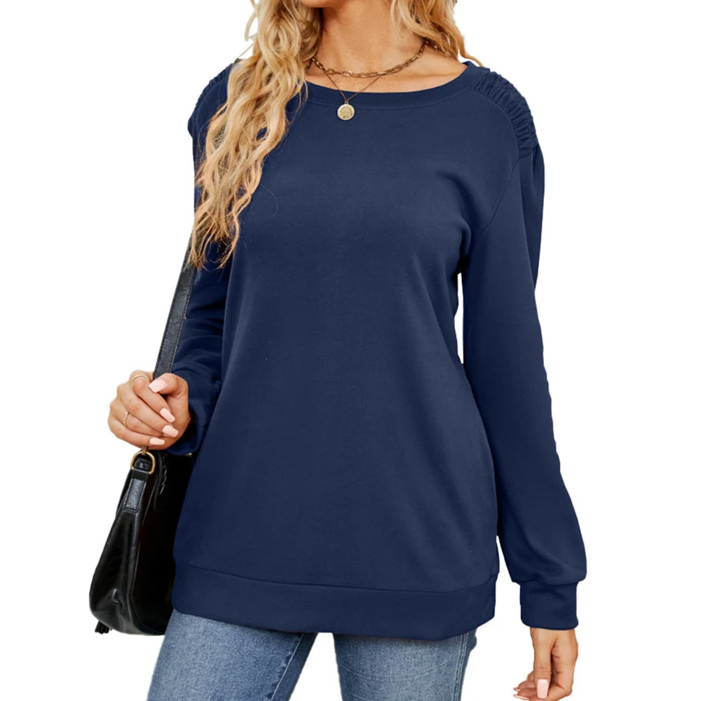 Women Basic Loose Sweatshirt Round Neck Pure Color Long Sleeve Casual Pullover Sports Sweatshirt Navy Blue L