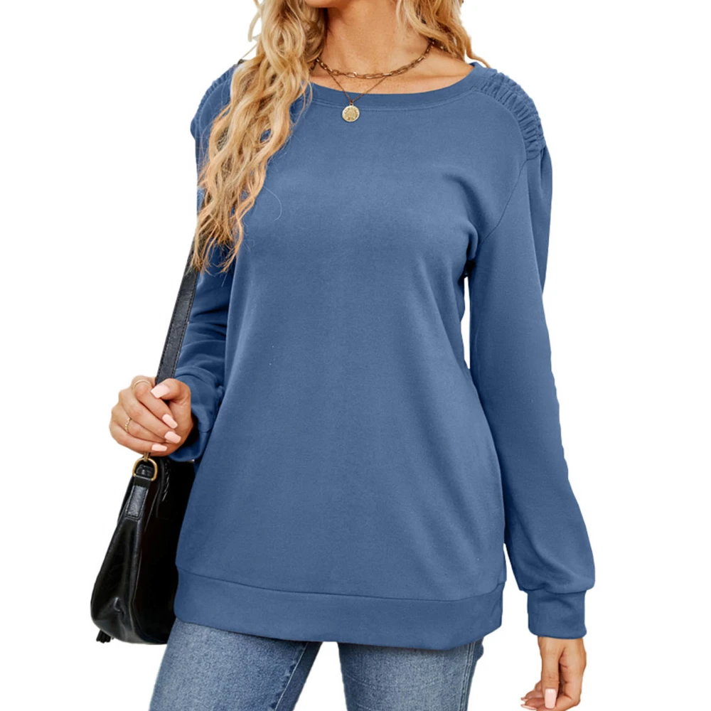 Women Basic Loose Sweatshirt Round Neck Pure Color Long Sleeve Casual Pullover Sports Sweatshirt Blue XXL