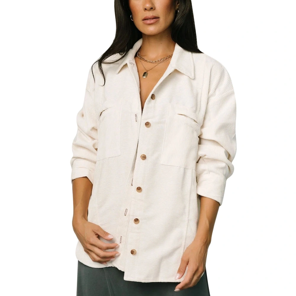 Women Loose Shirt Jacket Turn Down Collar Pure Color Long Sleeve Button Down Casual Jacket with Pockets White S