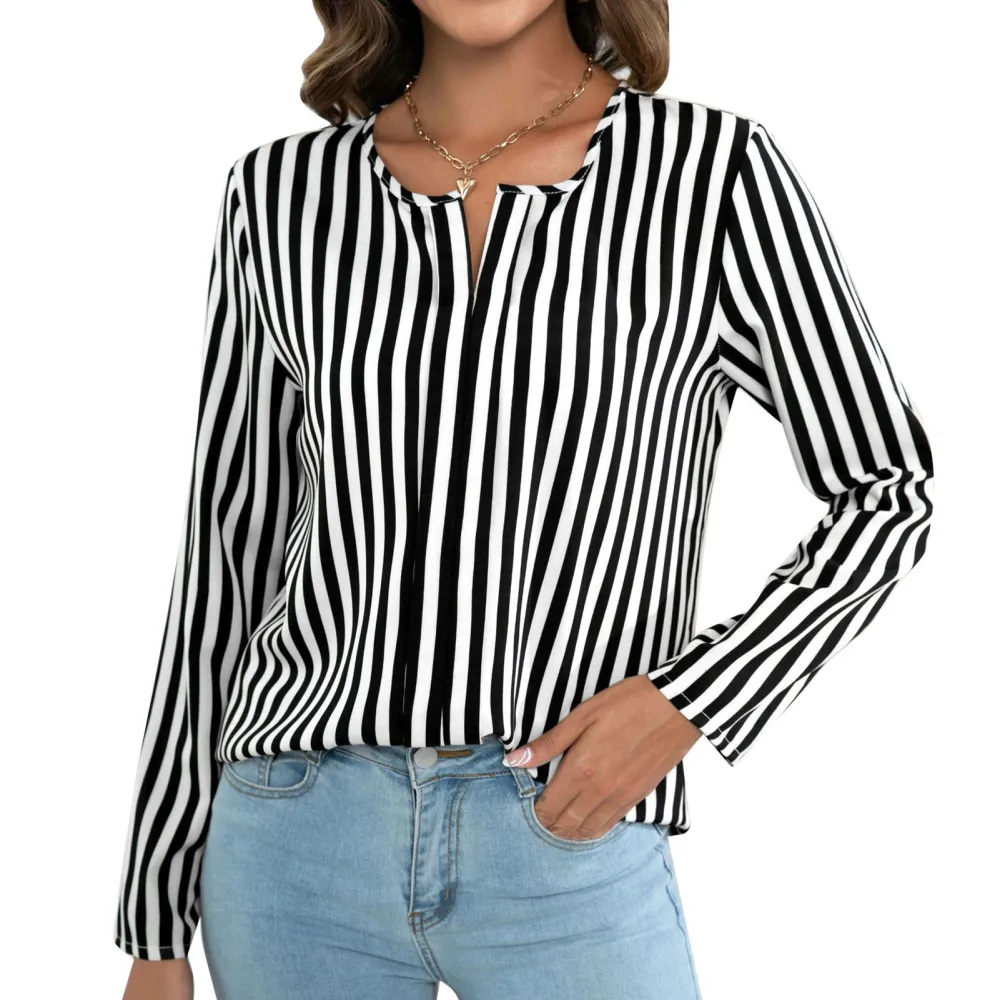 Women Vertical Stripes T Shirt V Neck Long Sleeves Loose Fitting Casual Blouse for Daily Wear Black White S