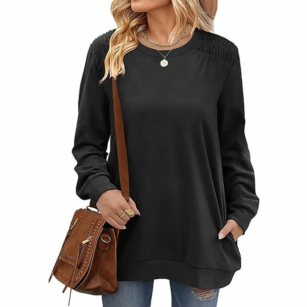 Women Round Neck T Shirt Pleated Shoulder Trim Casual Long Sleeves Blouses for Autumn Black L