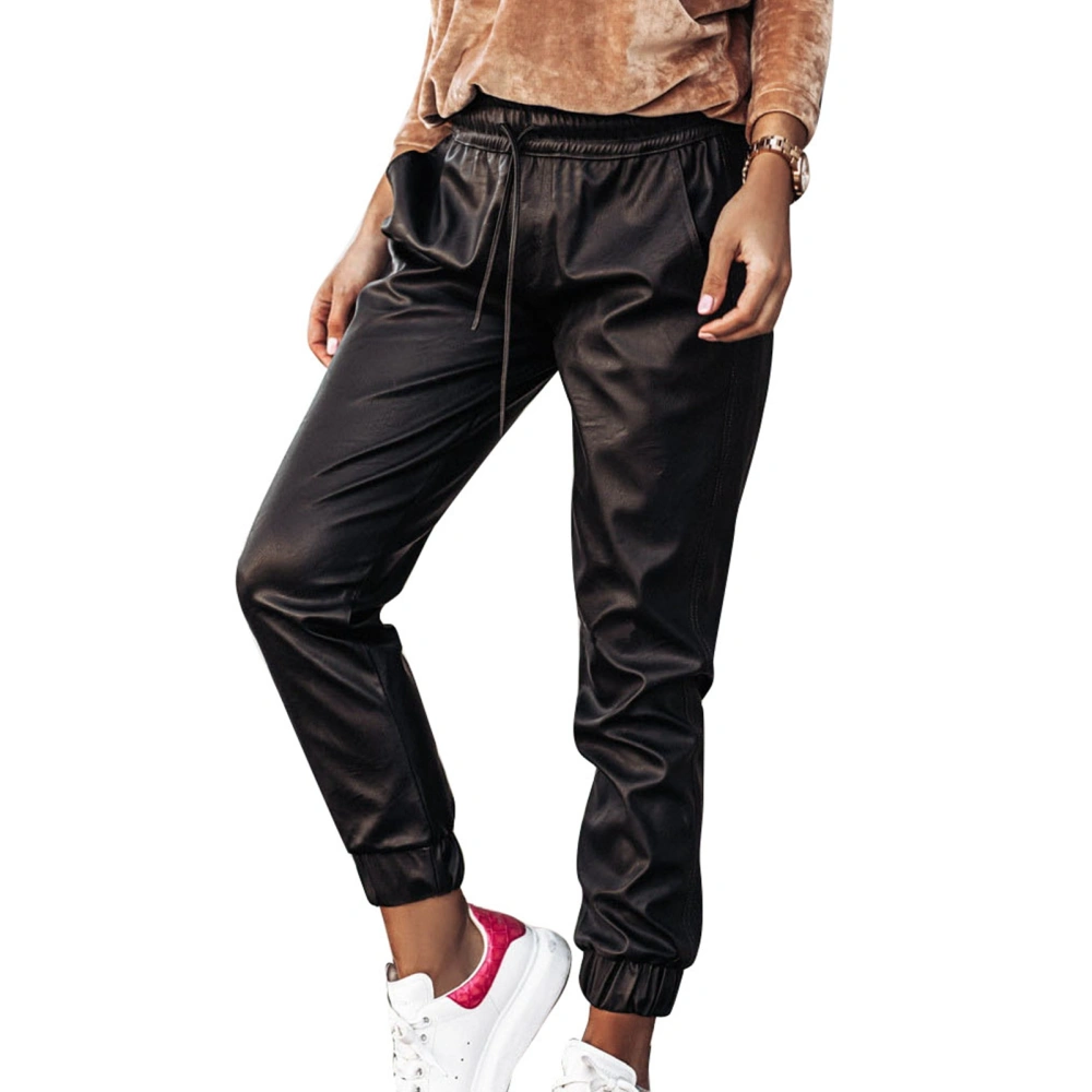 Women Drawstring PU Leather Pants Elastic Waist Slim Fit Tapered Cuff PU Leather Slacks Black S