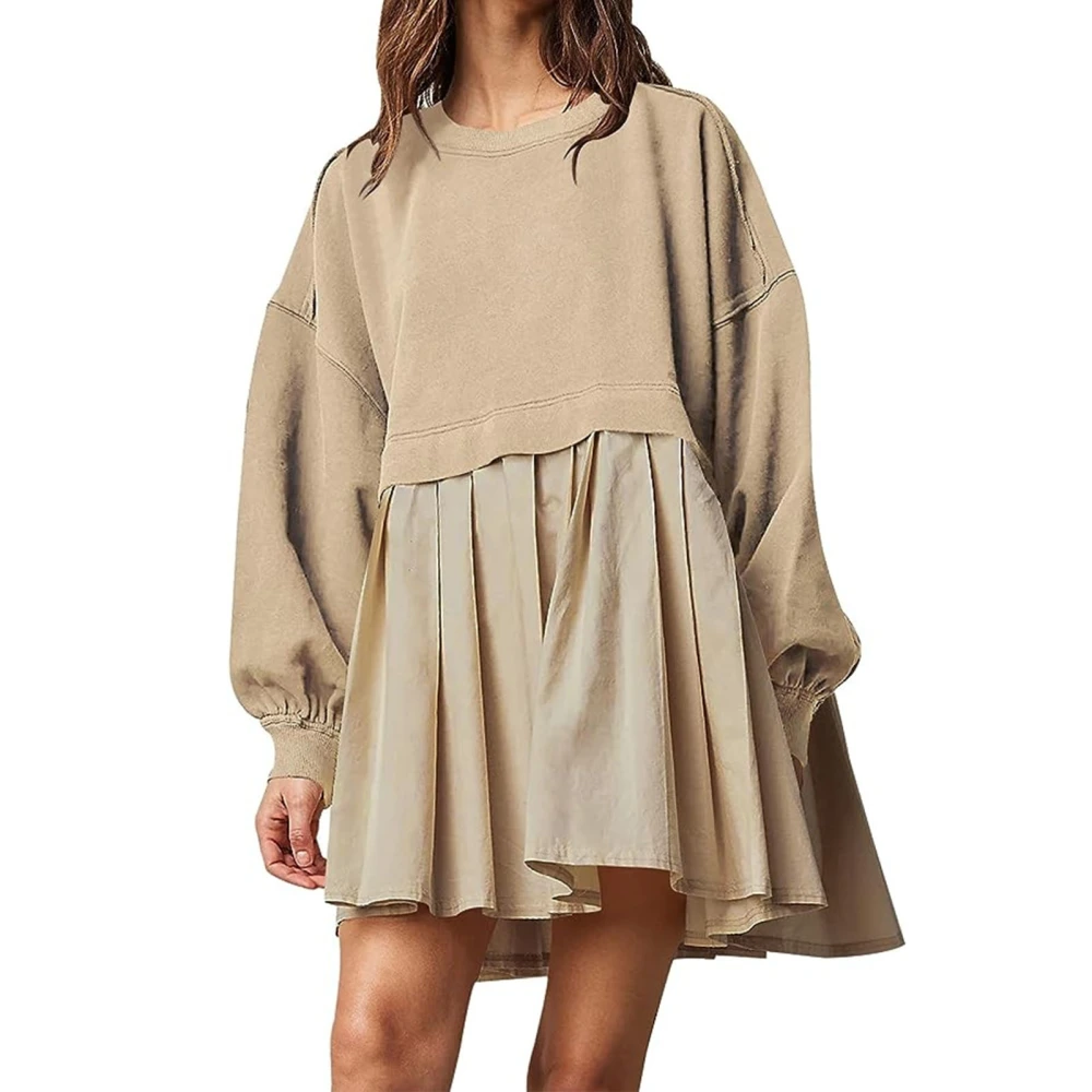 Women Sweatshirt Dress Long Sleeve Color Contrast Loose Fitting Pullover Top Pleated Dress Khaki M