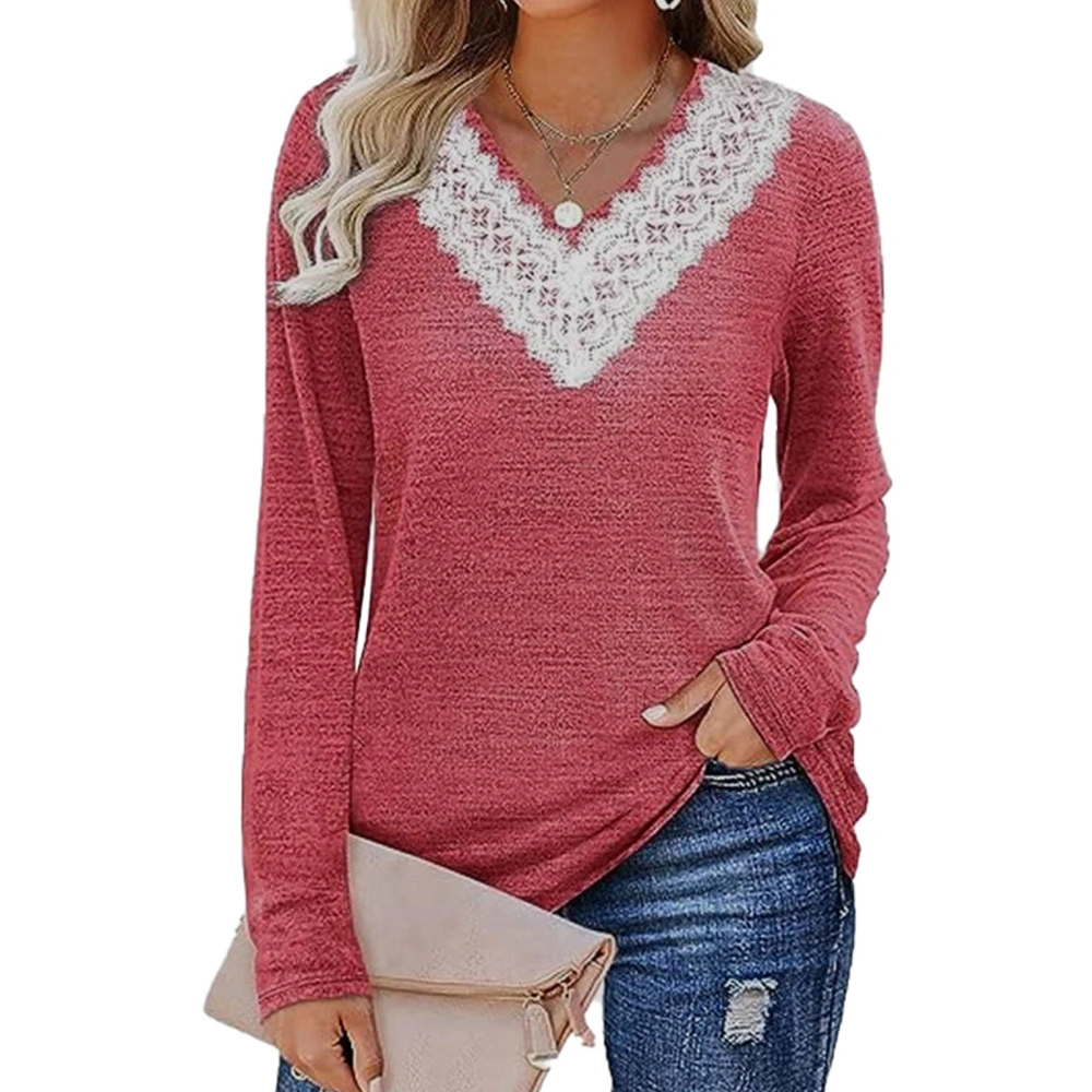 Women Blouse Long Sleeves V Neck Lace Design Loose Fit Women Shirt Pullover for Office Travel Red XL