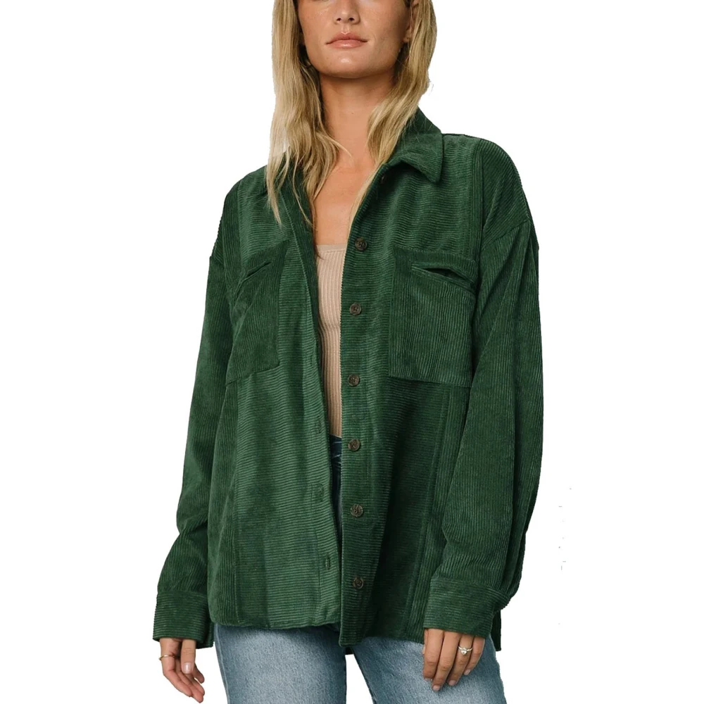 Women Loose Shirt Jacket Turn Down Collar Pure Color Long Sleeve Button Down Casual Jacket with Pockets Dark Green L