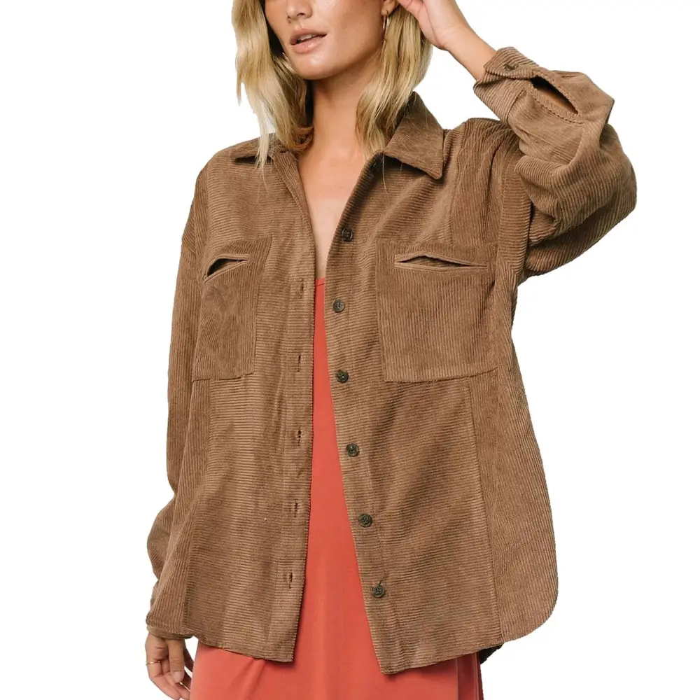 Women Loose Shirt Jacket Turn Down Collar Pure Color Long Sleeve Button Down Casual Jacket with Pockets Light Tan L