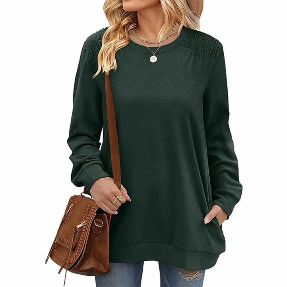 Women Round Neck T Shirt Pleated Shoulder Trim Casual Long Sleeves Blouses for Autumn Dark Green S