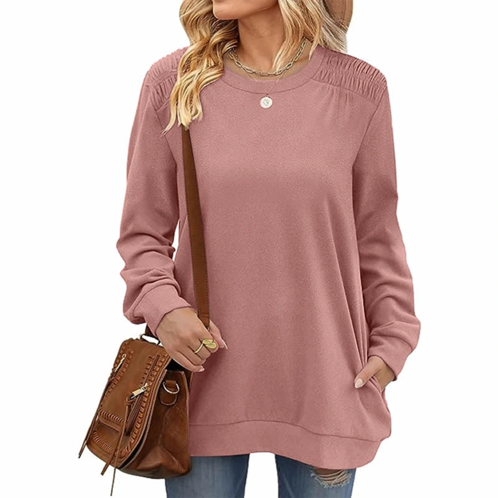 Women Round Neck T Shirt Pleated Shoulder Trim Casual Long Sleeves Blouses for Autumn Pink XL