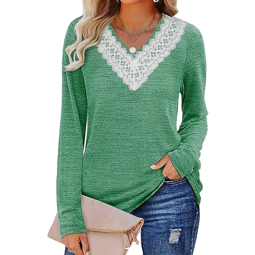 Women Blouse Long Sleeves V Neck Lace Design Loose Fit Women Shirt Pullover for Office Travel Green L