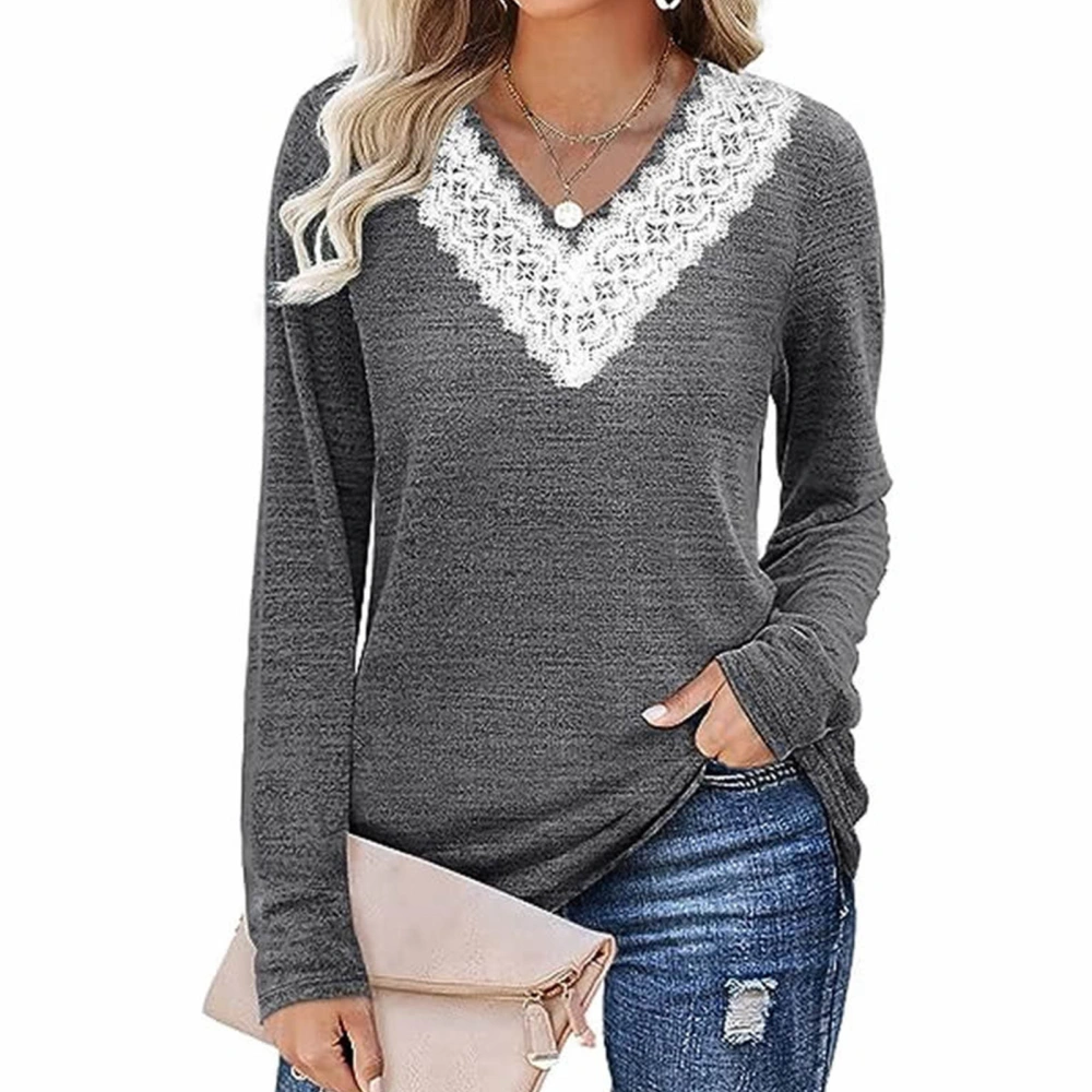 Women Blouse Long Sleeves V Neck Lace Design Loose Fit Women Shirt Pullover for Office Travel Dark Gray S