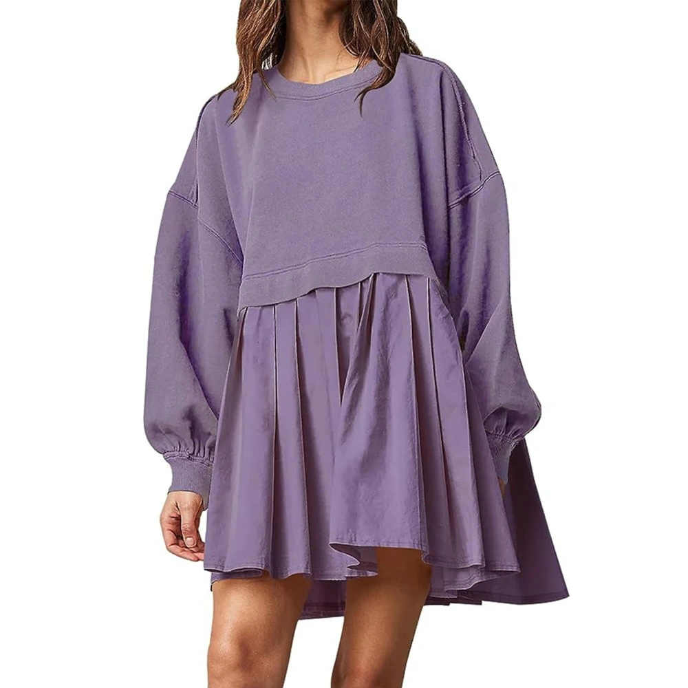 Women Sweatshirt Dress Long Sleeve Color Contrast Loose Fitting Pullover Top Pleated Dress Purple XL