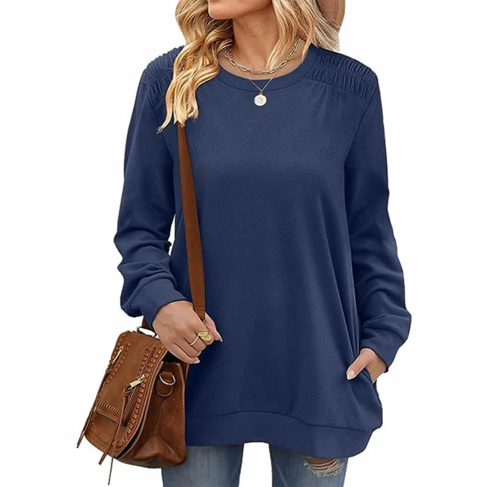 Women Round Neck T Shirt Pleated Shoulder Trim Casual Long Sleeves Blouses for Autumn Navy Blue M