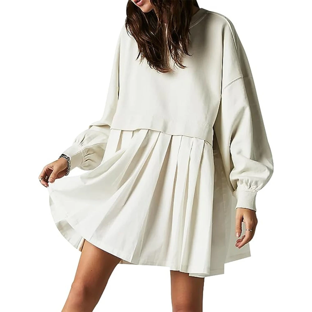 Women Sweatshirt Dress Long Sleeve Color Contrast Loose Fitting Pullover Top Pleated Dress White XL