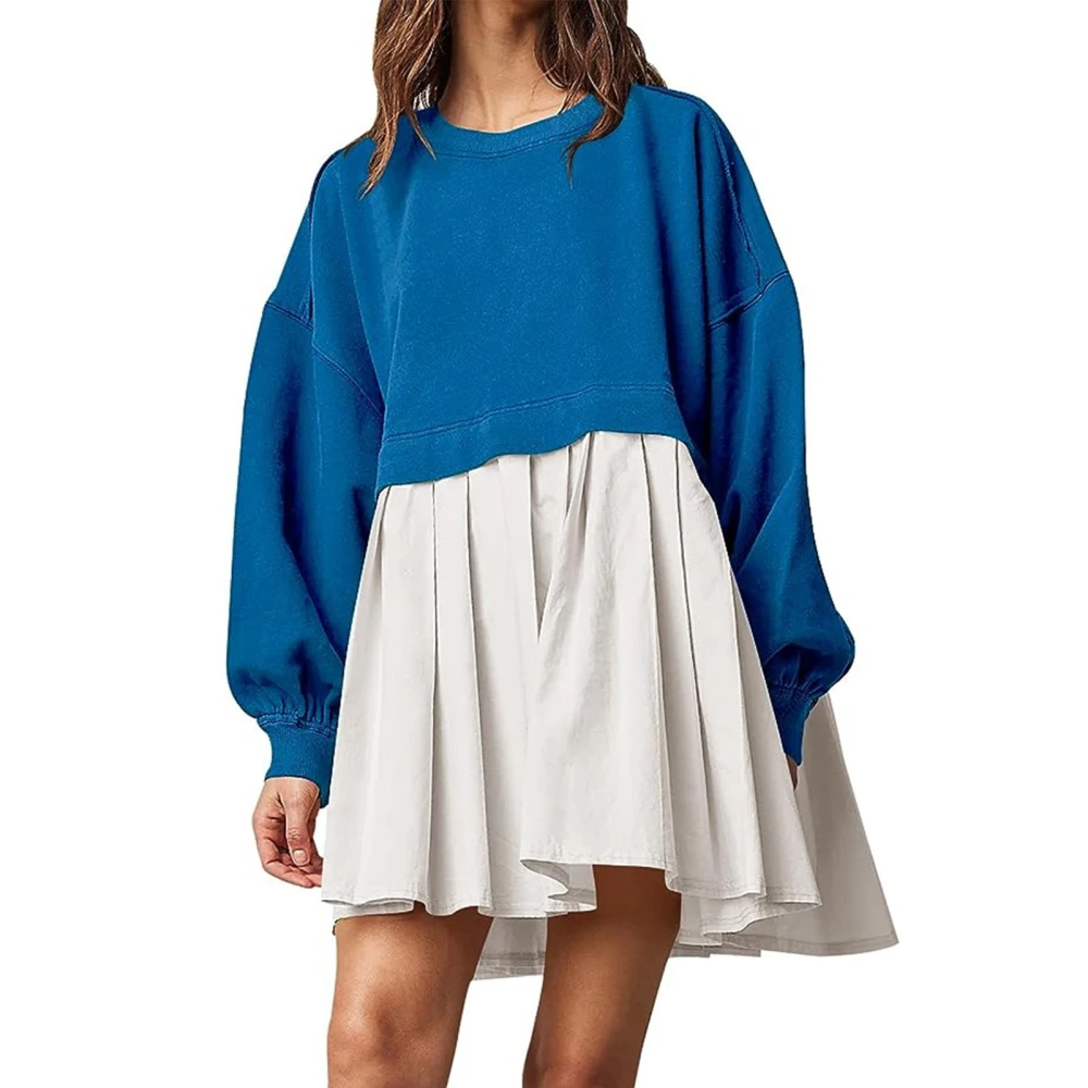 Women Sweatshirt Dress Long Sleeve Color Contrast Loose Fitting Pullover Top Pleated Dress Lake Blue XS