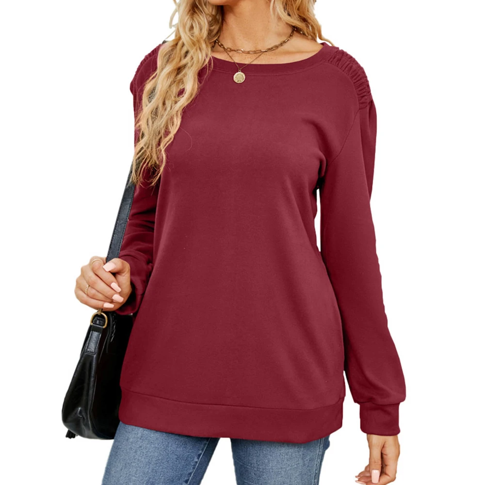 Women Basic Loose Sweatshirt Round Neck Pure Color Long Sleeve Casual Pullover Sports Sweatshirt Wine Red M